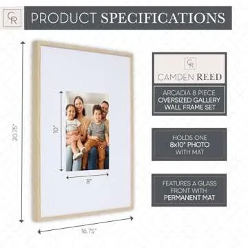Camden Reed Arcadia 8 Piece Oversized Gallery Wall Frame Set, 16x20 and 16x16 Inch Matted Frames for Featuring 8x10 and 5x7 Inch Photographs or Art Prints, Natural Finish