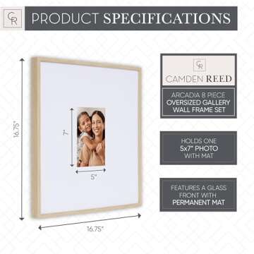 Camden Reed Arcadia 8 Piece Oversized Gallery Wall Frame Set, 16x20 and 16x16 Inch Matted Frames for Featuring 8x10 and 5x7 Inch Photographs or Art Prints, Natural Finish