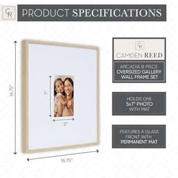Camden Reed Arcadia 8 Piece Oversized Gallery Wall Frame Set, 16x20 and 16x16 Inch Matted Frames for Featuring 8x10 and 5x7 Inch Photographs or Art Prints, Natural Finish