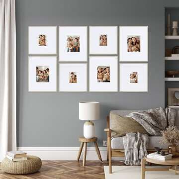 Camden Reed Arcadia 8 Piece Oversized Gallery Wall Frame Set, 16x20 and 16x16 Inch Matted Frames for Featuring 8x10 and 5x7 Inch Photographs or Art Prints, Natural Finish