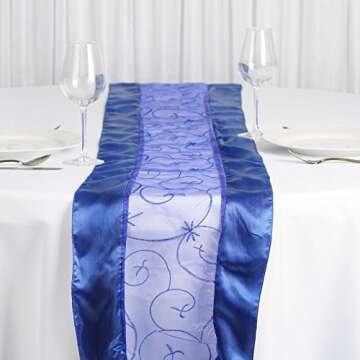 BalsaCircle 14 x 108-Inch Royal Blue Satin Edges and Embroidered Organza Table Top Runner - Wedding Party Linens Decorations