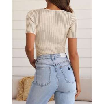 ZESICA Women's Short Sleeve T Shirts 2024 Summer V Neck Tops Casual Ribbed Knit Slim Fit Basic Tees,Sand,Small