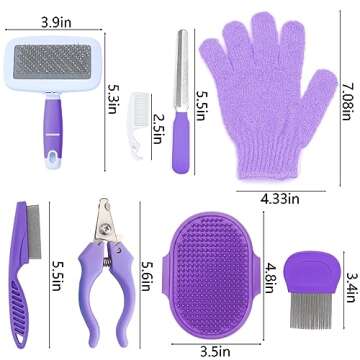 VCZONE Pink 8 Pcs Small Animal Grooming Kit, Includes Pet Nail Clipper and File, Flea Comb, Pet Shampoo Bath Brush, Pet Shedding Slicker Brush, Bath Massage Glove, Cleaning Comb