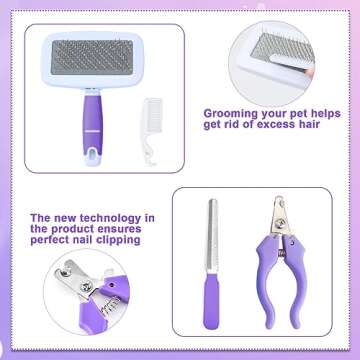 VCZONE Pink 8 Pcs Small Animal Grooming Kit, Includes Pet Nail Clipper and File, Flea Comb, Pet Shampoo Bath Brush, Pet Shedding Slicker Brush, Bath Massage Glove, Cleaning Comb