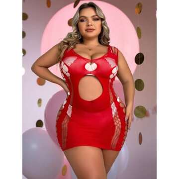 Abien Womens Sexy Bodystocking Plus Size Valentine's Day Lingerie Red Lace Babydoll Lingeries Sexy P...