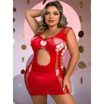 Abien Womens Sexy Bodystocking Plus Size Valentine's Day Lingerie Red Lace Babydoll Lingeries Sexy Pajama Bodysuits for Women