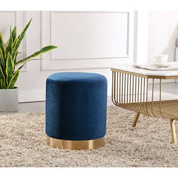 DAGONHIL Modern Round Velvet Ottoman,Upholstered Make-up Short Stools with Gold Plating Base,Foot Stool for Living Room,Pack of 1,Blue