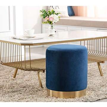 DAGONHIL Modern Round Velvet Ottoman,Upholstered Make-up Short Stools with Gold Plating Base,Foot Stool for Living Room,Pack of 1,Blue