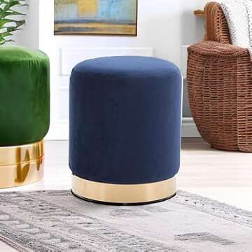 DAGONHIL Modern Round Velvet Ottoman,Upholstered Make-up Short Stools with Gold Plating Base,Foot Stool for Living Room,Pack of 1,Blue
