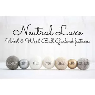 "Neutral Luxe" Handmade Felt Ball Christmas Garland by Sheep Farm Felt- White, Ivory, Cream, Gray, Gold and Silver Wool and Wood Felt Ball Metallic garland. 2.5 cm balls.