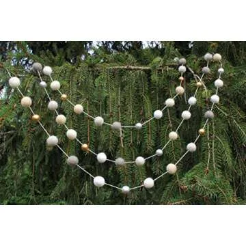 "Neutral Luxe" Handmade Felt Ball Christmas Garland by Sheep Farm Felt- White, Ivory, Cream, Gray, Gold and Silver Wool and Wood Felt Ball Metallic garland. 2.5 cm balls.