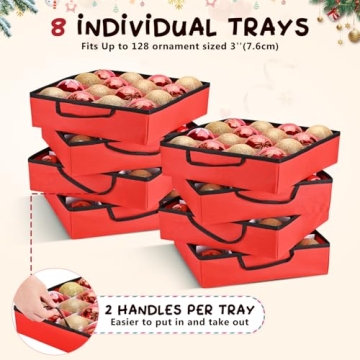 Mrrihand Christmas Ornament Storage Box, Christmas Storage Containers with 8 Individual Trays, Keeps 128 Holiday Ornaments 3-Inch, Dual Zipper, Adjustable Dividers, 600D Tear-Resistant Oxford(Red)
