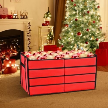 Mrrihand Christmas Ornament Storage Box, Christmas Storage Containers with 8 Individual Trays, Keeps 128 Holiday Ornaments 3-Inch, Dual Zipper, Adjustable Dividers, 600D Tear-Resistant Oxford(Red)