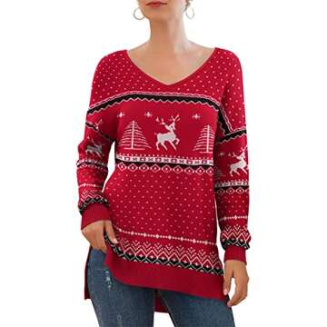 GRECERELLE Women's Fall and Winter Long Sleeve Side Split Loose Casual Pullover Christmas Sweater Tunic Tops FP Xmas Elk Red-Medium