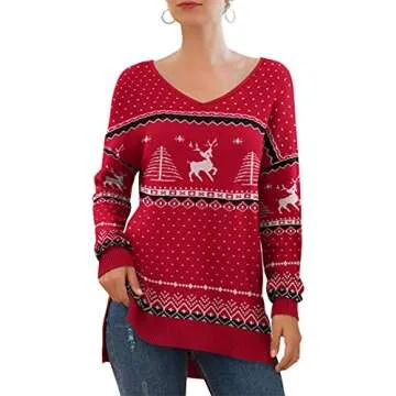 GRECERELLE Women's Fall and Winter Long Sleeve Side Split Loose Casual Pullover Christmas Sweater Tunic Tops FP Xmas Elk Red-Medium