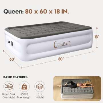 Cotabaty Queen Air Mattress with Built-in Pump, 18 inch Tall Inflatable Bed, Portable for Home and C...