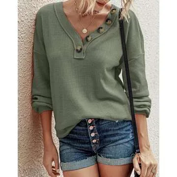 BTFBM Women Long Sleeve Shirts Fall Fashion 2025 V Neck Loose Casual Blouse Deco Button Lightweight Waffle Knit Pullover(Army Green, Small)