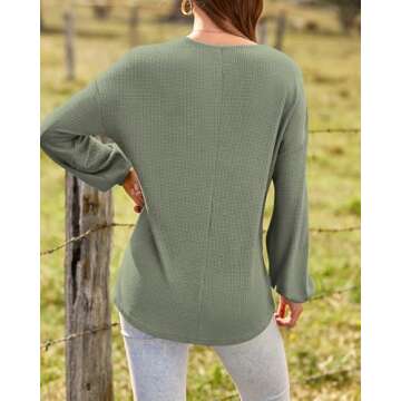BTFBM Women Long Sleeve Shirts Fall Fashion 2025 V Neck Loose Casual Blouse Deco Button Lightweight Waffle Knit Pullover(Army Green, Small)