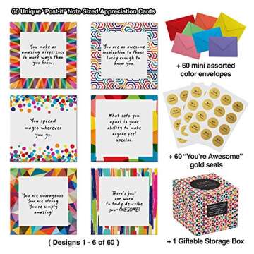 Dessie 60 Inspirational Cards With Envelopes 3.5x3.5. You Are Awesome Seals for Appreciation, Encour...
