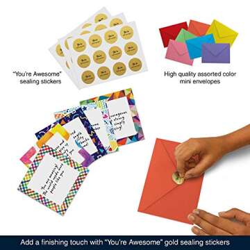 Dessie 60 Inspirational Cards With Envelopes 3.5x3.5. You Are Awesome Seals for Appreciation, Encouragement,Gratitude, Positive Affirmations, Thoughtful Gifts. Post-it Note Size.