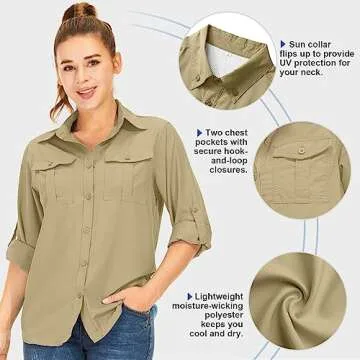 Women's UPF 50+ UV Sun Protection Safari Shirt, Long Sleeve Outdoor Cool Quick Dry Fishing Hiking Tr...