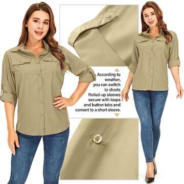 Women's UPF 50+ UV Sun Protection Safari Shirt, Long Sleeve Outdoor Cool Quick Dry Fishing Hiking Traveling Shirts (XL, Khaki)