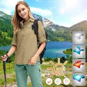 Women's UPF 50+ UV Sun Protection Safari Shirt, Long Sleeve Outdoor Cool Quick Dry Fishing Hiking Traveling Shirts (XL, Khaki)