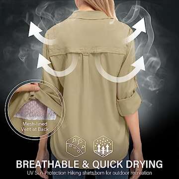 Women's UPF 50+ UV Sun Protection Safari Shirt, Long Sleeve Outdoor Cool Quick Dry Fishing Hiking Traveling Shirts (XL, Khaki)