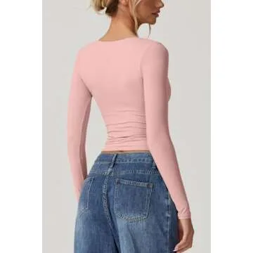 QINSEN Y2k T Shirt for Women Double Lined Sweetheart Neckline Top Long Sleeve Going Out Tops Pink M