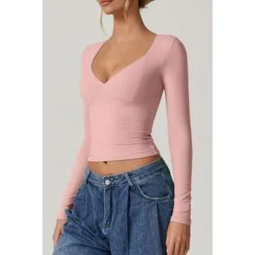 QINSEN Y2k T Shirt for Women Double Lined Sweetheart Neckline Top Long Sleeve Going Out Tops Pink M