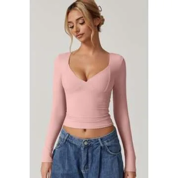 QINSEN Y2k T Shirt for Women Double Lined Sweetheart Neckline Top Long Sleeve Going Out Tops Pink M