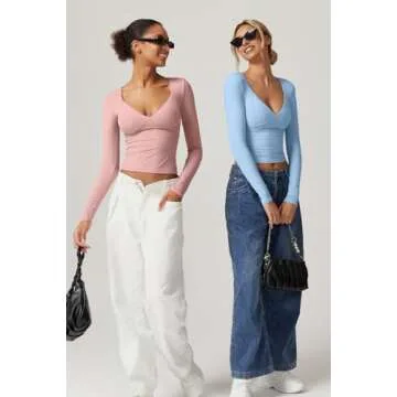 QINSEN Y2k T Shirt for Women Double Lined Sweetheart Neckline Top Long Sleeve Going Out Tops Pink M