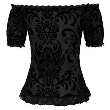 Women Vintage Short Sleeve Shirt Off The Shoulder Blouse Lace Up Sheer Mesh Top S Black