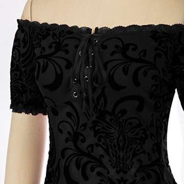 Women Vintage Short Sleeve Shirt Off The Shoulder Blouse Lace Up Sheer Mesh Top S Black