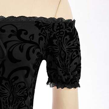 Women Vintage Short Sleeve Shirt Off The Shoulder Blouse Lace Up Sheer Mesh Top S Black