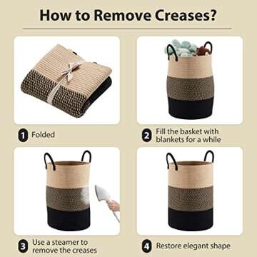 Fiona's magic 72L Large Woven Laundry Hamper, Tall Cotton Rope Storage Basket, Jute Baby Nursery Hamper for Blankets, Toys and Clothes in Bedroom and Living Room Organizing, Brown & Black