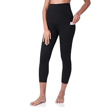 POSHDIVAH Women's Maternity Capri Leggings Over The Belly Pregnancy Workout Active Stretchy Pants with Pockets Black Medium