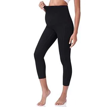 POSHDIVAH Women's Maternity Capri Leggings Over The Belly Pregnancy Workout Active Stretchy Pants with Pockets Black Medium