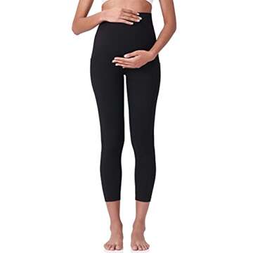 POSHDIVAH Women's Maternity Capri Leggings Over The Belly Pregnancy Workout Active Stretchy Pants with Pockets Black Medium