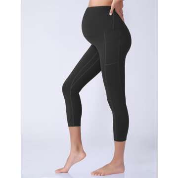 POSHDIVAH Women's Maternity Capri Leggings Over The Belly Pregnancy Workout Active Stretchy Pants with Pockets Black Medium