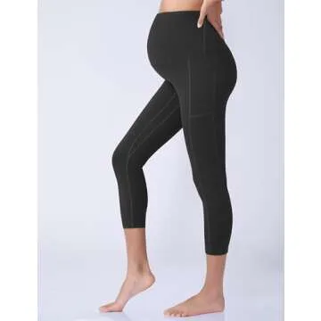 POSHDIVAH Women's Maternity Capri Leggings Over The Belly Pregnancy Workout Active Stretchy Pants with Pockets Black Medium