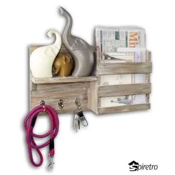 Spiretro Rustic Wooden Wall-Mounted Key Hooks Holder & Mail Sorter | Farmhouse Decor | 3 Metal Hooks & Small Shelf | Natural Torched Wood | Easy Installation