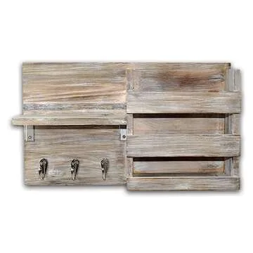 Spiretro Rustic Wooden Wall-Mounted Key Hooks Holder & Mail Sorter | Farmhouse Decor | 3 Metal Hooks & Small Shelf | Natural Torched Wood | Easy Installation