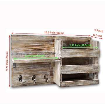 Spiretro Rustic Wooden Wall-Mounted Key Hooks Holder & Mail Sorter | Farmhouse Decor | 3 Metal Hooks & Small Shelf | Natural Torched Wood | Easy Installation