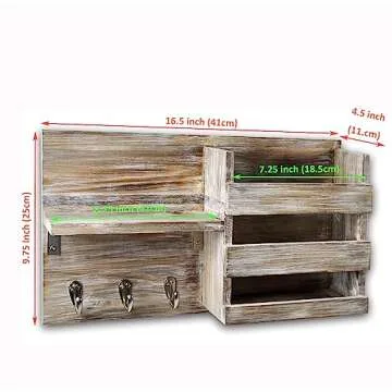 Spiretro Rustic Wooden Wall-Mounted Key Hooks Holder & Mail Sorter | Farmhouse Decor | 3 Metal Hooks & Small Shelf | Natural Torched Wood | Easy Installation