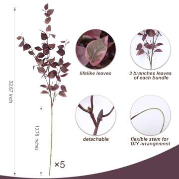 HyeFlora 5PCS Artificial Fall Eucalyptus Leaves Stem Plants, 32.7 inch Fake Leaves Autumn Greenery B...