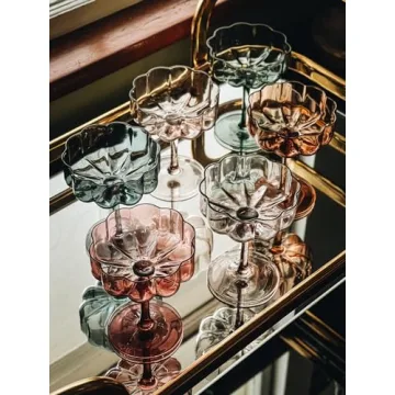 KHEN Flower Vintage Wavy Glass Coupes Set - 6 Stunning Colors