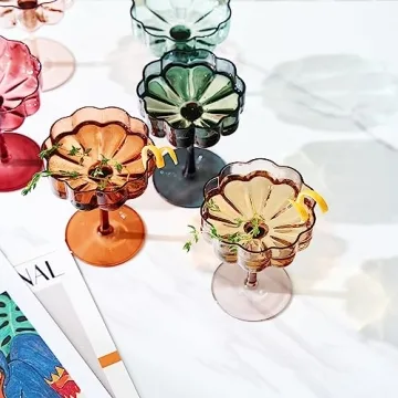 KHEN Flower Vintage Wavy Glass Coupes Set - 6 Stunning Colors