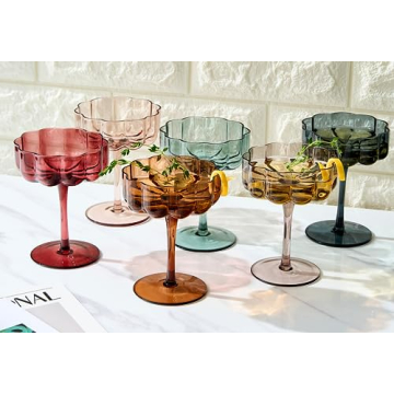 KHEN Flower Vintage Wavy Glass Coupes Set - 6 Stunning Colors