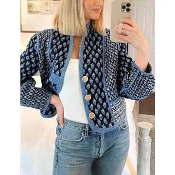 Yimoon Women's Quilted Jacket Lightweight Floral Print Cropped Puffer Coat Short Padded Open Front Winter Outwear(BlackFloral-L)